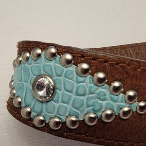 Brown Leather Belt blue leather & studded  & jewel accents 42 in size XL W